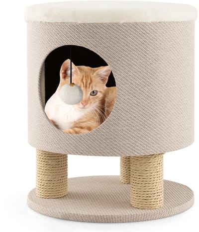 COSTWAY Krabpaal klein, kattenhol & kruk, kattenboom met zachte zitting & 3 sisal-krabzuilen & bal, kattenhuis klimboom, kattenkrabpaal kattenmeubel, 40x40x47cm (beige)