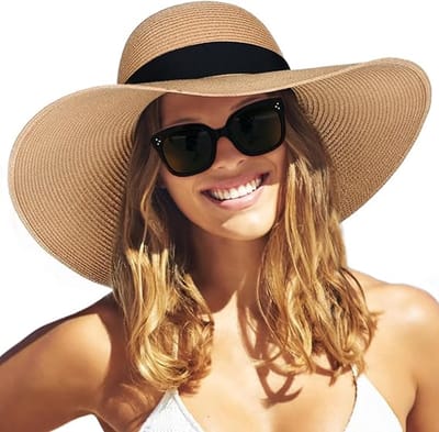 VHV - Dames zonnehoed - Strohoed dames - 48 cm in diameter - Strandhoed dames - Opvouwbare brede rand hoed - Voor strand vakantie en zomer - Bruin