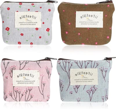 Mini handtassen voor kinderen - 4-delige set canvas, kleine portemonnees, draagbare make-up tassen in beige, lichtroze, lichtblauw en donkerbruin