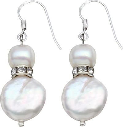 Zoetwater parel oorbellen Conny Bling - oorhangers - echte parels - wit - stras steentjes - sieraden zakje - parel oorbellen dames