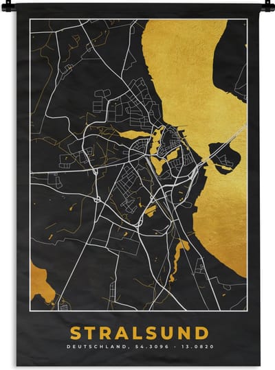 Wandkleed - Wanddoek - Stralsund - Goud - Plattegrond - Kaart - Stadskaart - Duitsland - 120x180 cm - Wandtapijt