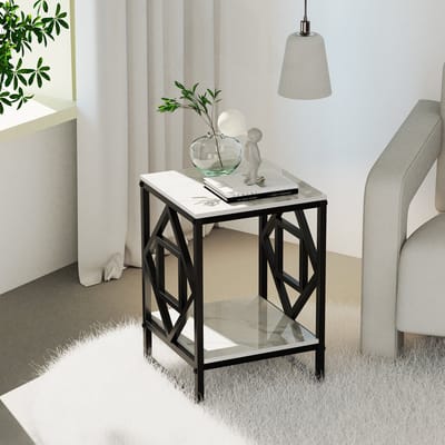 FATIVO Bijzettafel - Vierkant Nachtkastje - 2 Planken - Marmerlook Wit - Zwart metalen frame - 40x40x58cm