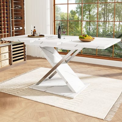 DESMIU Uitschuifbare Eettafel Voor Woonkamer En Keuken Met Marmerlook, Kruispoot En Stevige Metalen Geleiders, Wit, 118 tot 157 x 75 x 76,4 cm