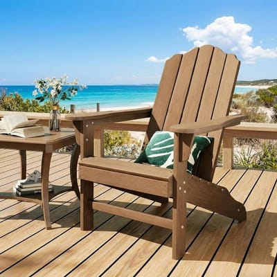 Bruin HDPE Adirondack-stoel, tuinstoel met houtstructuur, weerbestendige terrasstoel met hoge rugleuning, duurzaam loungemeubilair voor de tuin, achtertuin, terras en bij het zwembad