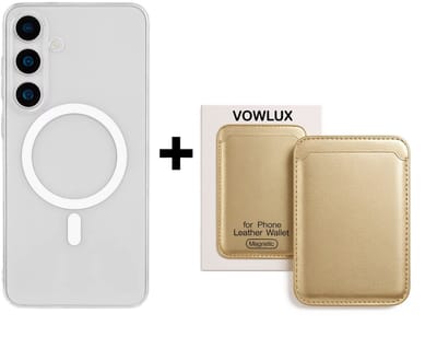 VOWLUX Compatible MagSafe Hoesje voor Samsung Galaxy S25 Transparant – Inclusief Goud Kleur Wallet Pasjeshouder – 24 Magneten – Kunstleer – 3 Kaarten – Shockproof Case