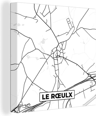 Canvas Schilderij Plattegrond – Le Rœulx – Zwart Wit – Stadskaart - Kaart - België - 50x50 cm - Wanddecoratie
