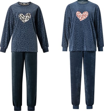 Lunatex - 2 warme dames pyjama's velours 124209 - navy/zwart en navy/bruin - maat S