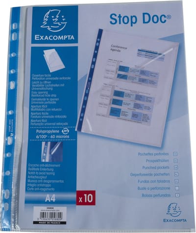 Exacompta 10x Stop Doc® Pak van 10 geperforeerde showtassen - hoekopening - gladde PP 6/100ste - A4 - Kleurloos - 5880E
