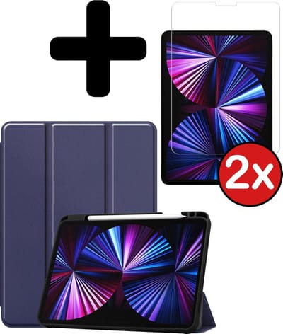 Hoesje - Geschikt voor Apple iPad Pro (2021) - 11 inch - 3e generatie - Met Screenprotector - Trifold Bookcase Hoes - Hard Cover Case - Met Uitsparing Geschikt voor Apple Pencil - Hardcover Book - Tablethoes - Donkerblauw