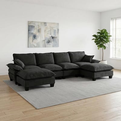 MIVRAY Hoekbank 323 x 151 cm - U-Vorm Met Verplaatsbare Ottomaan - Voor Woonkamer En Appartement - Chenille - Zwart