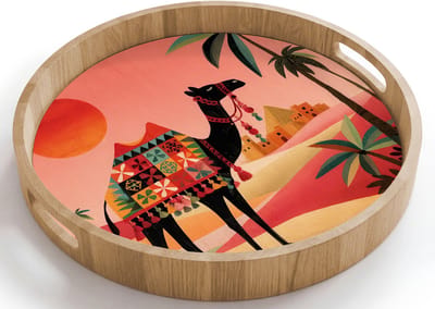 Dienblad rond 40x40 cm - Schootdienblad hout - Kameel - Gekleurd tapijt - Duinen - Rode zon - Borrelplank rechthoek - Plateau houten dienbladen