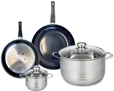Set van 2 Koekenpannen 20 en 24 cm en 2 Kookpannen 12 en 24 cm Elo Prima Glanzend