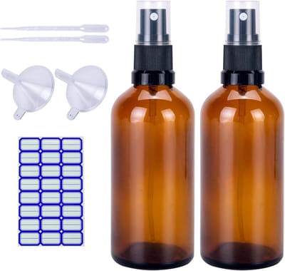 Set van 2 Amber Glazen Sprayflessen - 100ml Reisformaat voor Toilettassen - Herbruikbare Flessen voor Essentiële Olie en Schoonmaakmiddelen