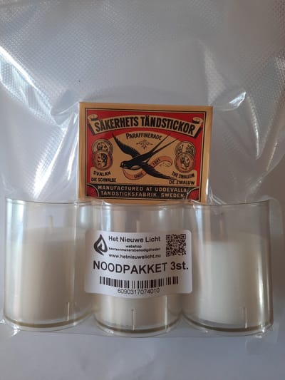 Noodset 3 kaarsen | Noodverlichting 60 uur | met lucifers | vacuüm verpakt | Overlevingspakket | Warmte | Licht | Preppen | Vakantie |