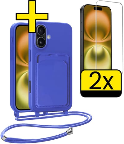 Hoesje Geschikt voor iPhone 16 Plus Telefoonhoesje Met Koord Case Pashouder Met 2x Screenprotector Siliconen - Hoes Geschikt voor iPhone 16 Plus Hoesje Met Kaarthouder - Felblauw