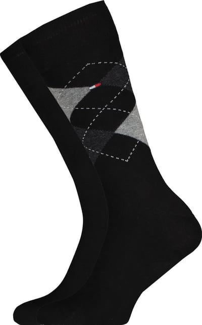 Tommy Hilfiger Check Socks (2-pack) - herensokken katoen - geruit en uni - zwart
