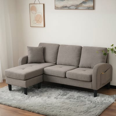 Pugsdrly L-vormige hoekbank met chaise longue – 3-zitsbank, 166 x 118 x 77 cm, ademende katoen-linnen stof, kunststof poten, modulair ontwerp, ideaal voor woonkamers, appartementen en kantoren