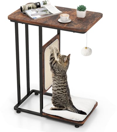 COSTWAY Bijzettafel met sisal-krabplank, 4-in-1 kattenmeubel katten, kattenkrabber met afneembaar kussen en bal, krabplanken in meubelstijl, kattenbed voor woonkamer slaapkamer, rustiek bruin