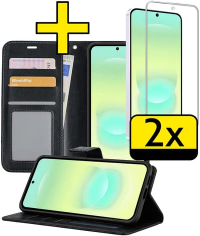 Hoesje - Met 2x Screenprotector - Geschikt voor Samsung Galaxy A37 - Luxe Pasjeshouder - Bookcase Portemonee - Flip Case - Kunstleer Book Case - Flipcase Hoes - Book Cover - Walletcase - Portemonneehoes - Telefoonhoesjes - Zwart