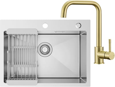 SOFETIY MAX Spoelbak voor keuken 60 x 45 cm - 1 Gootsteen RVS - Spoelbakken Keuken Met Keukenkraan Goud - Wasbak Keuken Met Aftapmand en Waterafvoersysteem