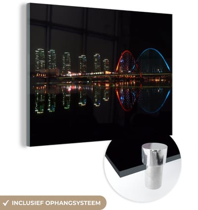 ® Glasschilderij 160x120 cm - Schilderij acrylglas - Nachtelijke skyline van Expo bruggen in Daejeon Zuid-Korea - Foto op glas - Muurdecoratie woonkamer - Wanddecoratie slaapkamer - Schilderijen