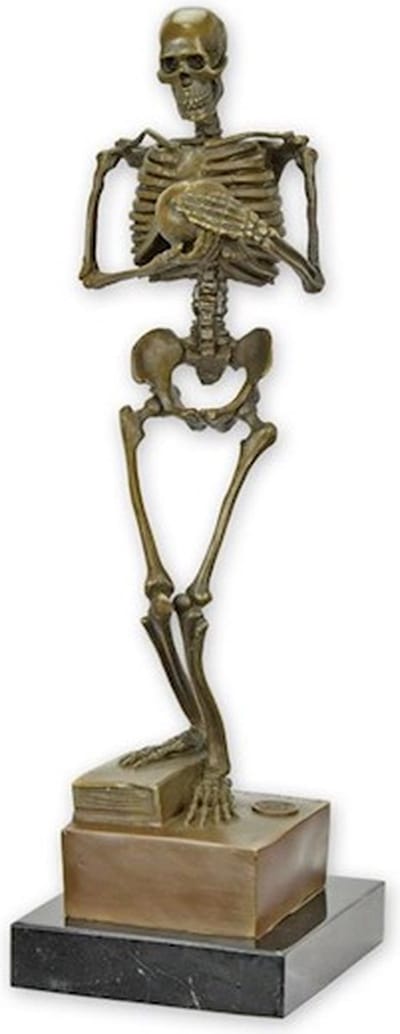 Skelet Bronzen Beeld - Bronzen Sculptuur - Brons Beeldje - Skelet met Schedel - Kunst Decoratie - Brons op Marmer - 7x7x28