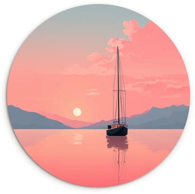 WallCircle® Wandcirkel 120x120 cm - Muurcirkel Zeilboot - Roze zee - Zonsondergang - Bergen - Muurdecoratie woonkamer - Wanddecoratie slaapkamer - Kamer decoratie accessoires - Ronde schilderijen XXL