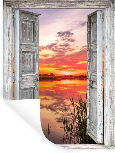 Muurstickers - Sticker Folie - Landschap - Zonsondergang - Water - Doorkijk - 30x40 cm - Plakfolie - Muurstickers Kinderkamer - Zelfklevend Behang - Zelfklevend behangpapier - Stickerfolie