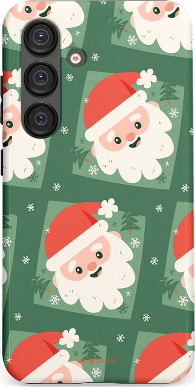 Casetastic hoesje geschikt voor Samsung Galaxy S25 - Dubbellaagse bescherming - Kerstmannen in het bos - Fashion Case - Donkergroen Wit Terracotta Crème