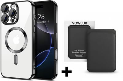 VOWLUX® Compatible iPhone 16 Pro hoesje van schokbestendig siliconen met camera bescherming + Compatible MagSafe QuickWallet pasjeshouder – 24 magneten extra sterk – max 3 pasjes – kunstleer – zwart