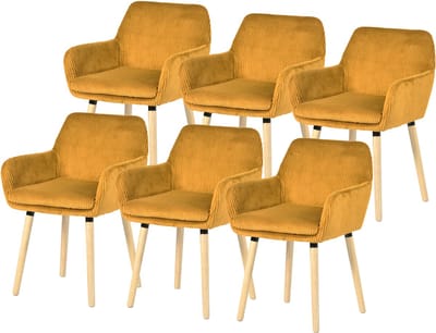 Meubles Cosy Eetkamerstoel - Set Van 6 Fluweel Ribstof Houten Poten Scandinavisch Design - Geel
