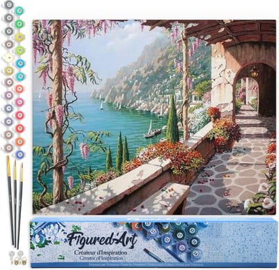 Figured'Art Schilderen op Nummer Volwassenen canvas Uitzicht op zee vanaf het terras - Handwerk acrylverf Kit DIY Compleet - 40x50cm zonder frame
