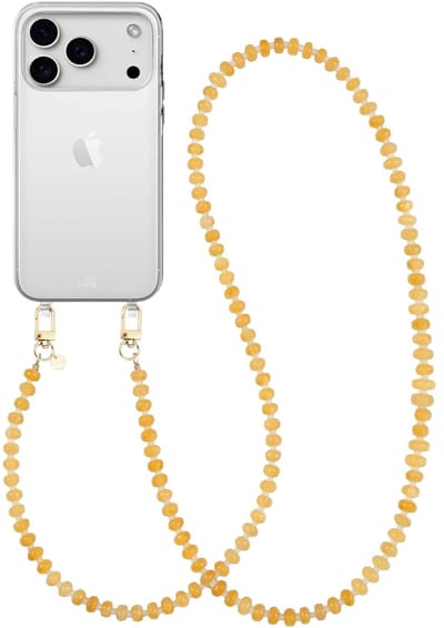 xoxo Wildhearts siliconen hoesje geschikt voor iPhone 17 Pro Max - Dusty Yellow - Lang koord - Telefoonhoesje - Hoesje met koord - Kralenketting - Geel telefoonkoord - Transparant hoesje