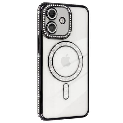 Hoesje met Diamantjes en Glitter Geschikt voor: Apple iPhone 17 - MagSafe Glitter Hoesje - Zwart met Diamanten steentjes - Glamour Hoesje