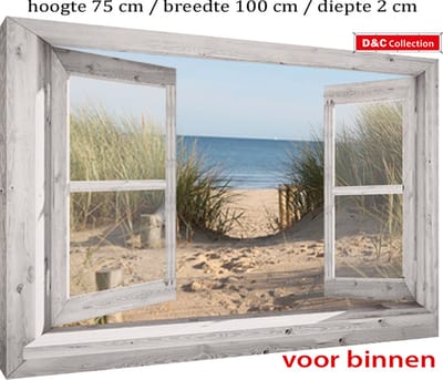Tuindoek met doorkijk - canvas voor binnen - 100x75x2 cm - wit venster - duinovergang strand - wanddecoratie - schuttingposter - schuttingdoek