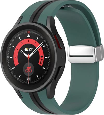 Strap-it Smartwatch bandje - magnetische siliconen horlogeband geschikt voor Samsung Galaxy Watch 7 (40 & 44mm) / Watch 6 Classic / Watch 6 40 & 44mm / Watch 5 Pro / Watch 5 40 & 44mm / Galaxy Watch 4 (Classic) / Watch FE - groen/zwart
