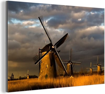 Aluminium schilderij 180x120 cm - Wanddecoratie metaal - Molen - Nacht - Nederland - Metalen muurdecoratie woonkamer - Decoratie industrieel - Foto op dibond - Industriële accessoires slaapkamer