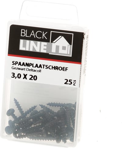 Blackline bevestigingsmaterialen - Zwarte spaanplaatschroeven met HCP-coating – Blackline - Cilinderkop / 3.0 x 20mm / 25