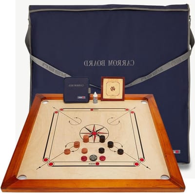 Carrom Board Set officiële afmetingen 7 kg - 74 cm x 74 cm (officiële grootte) interne speelruimte - India hardhout kwaliteit - Complete set met officiële schijven (met tas)
