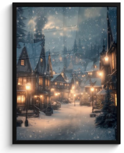 Poster in lijst - Fotolijst 60x80 cm - Posters - Winterdorp - Sneeuw - Donker - Posterlijst zwart - Decoratie - Wanddecoratie woonkamer - Muurdecoratie slaapkamer