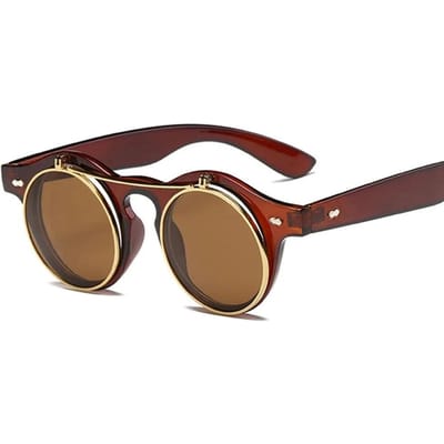 Trendy Klassieke Ronde Stoom Punk Flip-Up Zonnebril Bril Klassiek Dubbellaags Schelpontwerp Zon Zonnebril UV400 Oculos De Sol 1PC