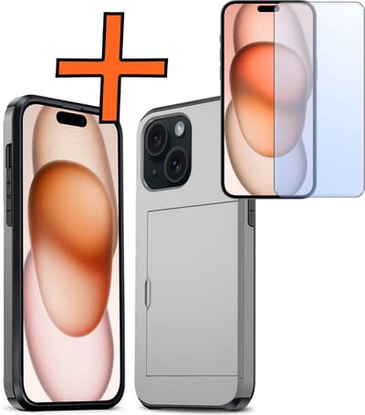 Hoesje Geschikt voor iPhone 15 Hoesje Pasjeshouder Shockproof Hard Case Met Screenprotector - Hoesje Geschikt voor iPhone 15 Hoes Met Kaarthouder - Grijs
