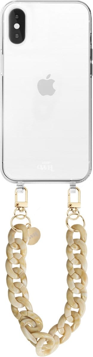 xoxo Wildhearts siliconen hoesje - Geschikt voor iPhone XS Max - Cream Latte - Telefoonhoesje - Hoesje met koord - Beige koord - kort telefoonkoord - Transparant hoesje (korte variant)