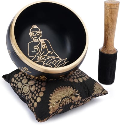 Tibetaanse Klankkom - Meditatie kom - Mindfulness oefenen - Handgemaakt kunstwerk - 10 cm diameter - Zwart