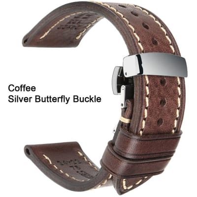 Bracelet de montre en cuir de veau véritable 20 mm, 21 mm, 22 mm, 24 mm, avec boucle papillon automatique solide, bracelet de montre d'affaires 26mm café