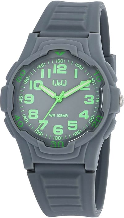 Q&Q V31A-006VY - Horloge - Analoog - Dames - Heren - Unisex - Siliconen band - Kunststof - Cijfers - Rond - Grijs - Groen - 10ATM waterdicht
