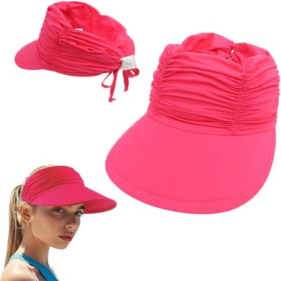 KZQ Dameszonnehoed - Brede rand, verstelbaar, opvouwbaar, met ondersteuning voor een paardenstaart - - Geschikt voor strand, golf en sport -Hoofdomtrek 52-62 cm- Rosérood