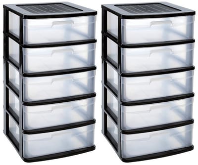 PlasticForte Ladeblok - 2x stuks - bureau organizer - 5 lades - zwart - L40 x B39 x H81 cm
