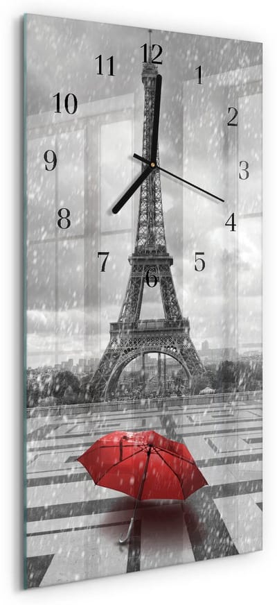 Tulup Wandklok - Eiffeltoren Wandklok Glas Decoratie - 30x60 cm - Veelkleurig Gekleurde Glazen Klok - Zwarte Handen - Rechthoekige Wandklok - Glazen Wandklok Design - Klok Glas Met Opdruk