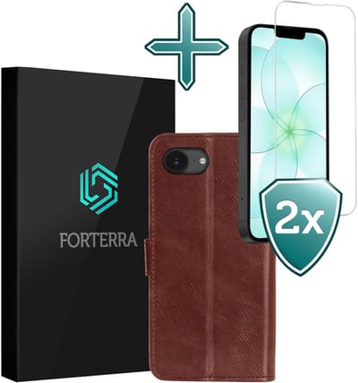 Hoesje Met 2x Screenprotector - Geschikt voor Apple iPhone 17e - Luxe Pasjeshouder - Flip Case - Bookcase Portemonee - Kunstleer Book Case - Flipcase Hoes - Book Cover - Walletcase - Portemonneehoes - Bruin